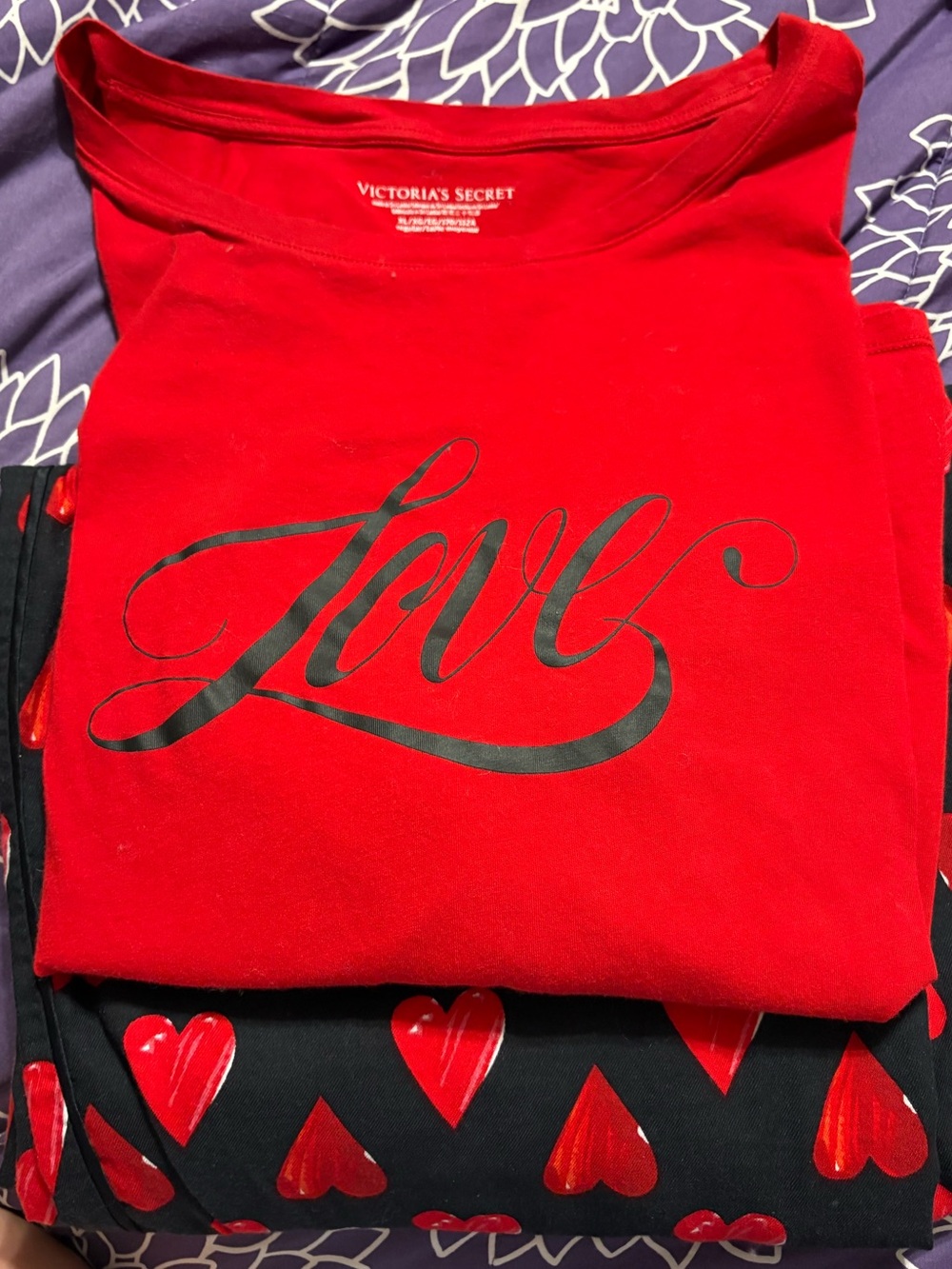 Victoria’s Secret red and black heart pajamas, pants have hip pockets / elastic.